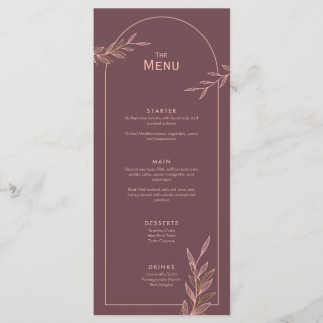 Mauve Pink Gold Leaf Mariage Événement Menu Carte  (Devant)