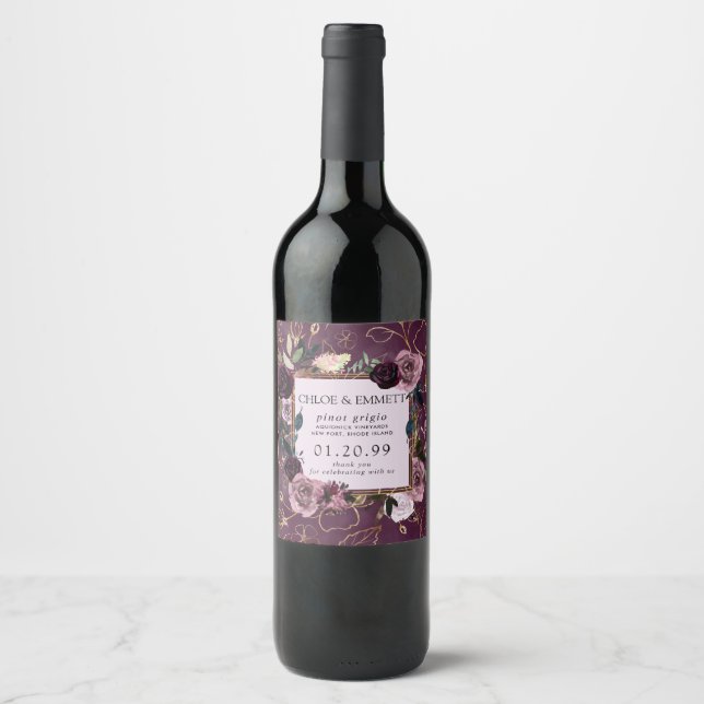 Mauve Pink, Purple Gold Floral Wine Label (Front)