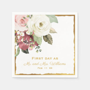 Mauve Pink White Floral 1st Day as Mr Mrs Wedding Napkin