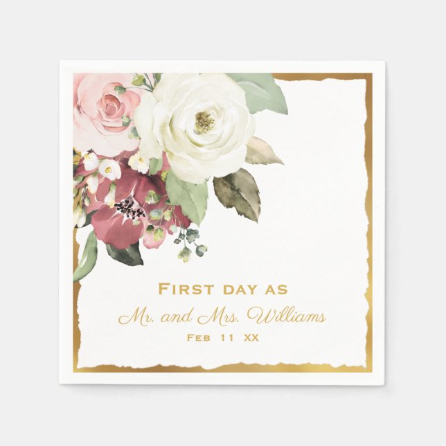 Mauve Pink White Floral 1st Day as Mr Mrs Wedding Napkin (Front)