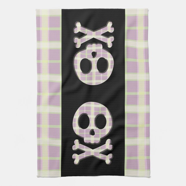 Mauve Plaid Skull Kitchen Towel (Vertical)
