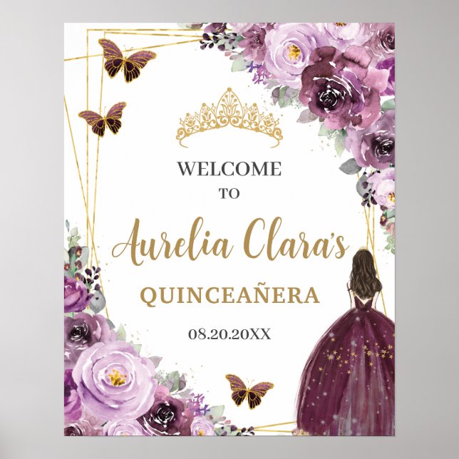 Mauve Plum Purple Floral Princess Gold Quinceañera Poster (Front)