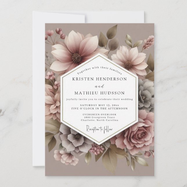 Mauve Poetic Bloom Wedding Invitation (Front)