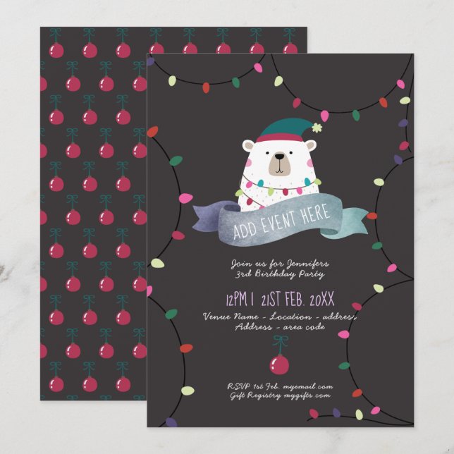 Mauve Polar Ours Noël Invitation TOUT ÉVÉNEMENT (Devant / Derrière)