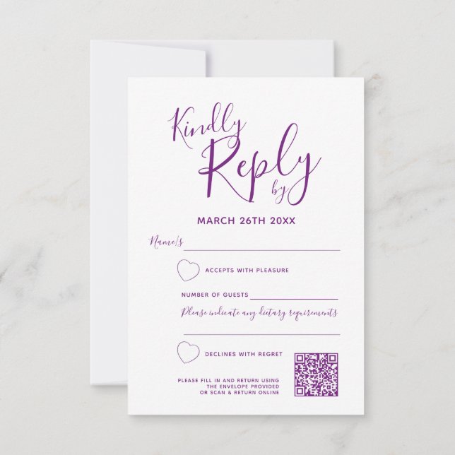 Mauve purple abstract art wedding QR code RSVP Card (Back)