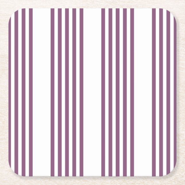 Mauve purple and white five stripes pattern square paper coaster (Front)