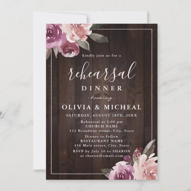 Mauve purple floral rustic wood rehearsal dinner invitation (Front)