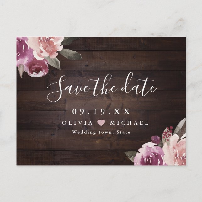 Mauve purple floral rustic wood save the date postcard (Front)