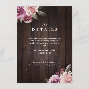 Mauve purple floral rustic wood wedding details enclosure card
