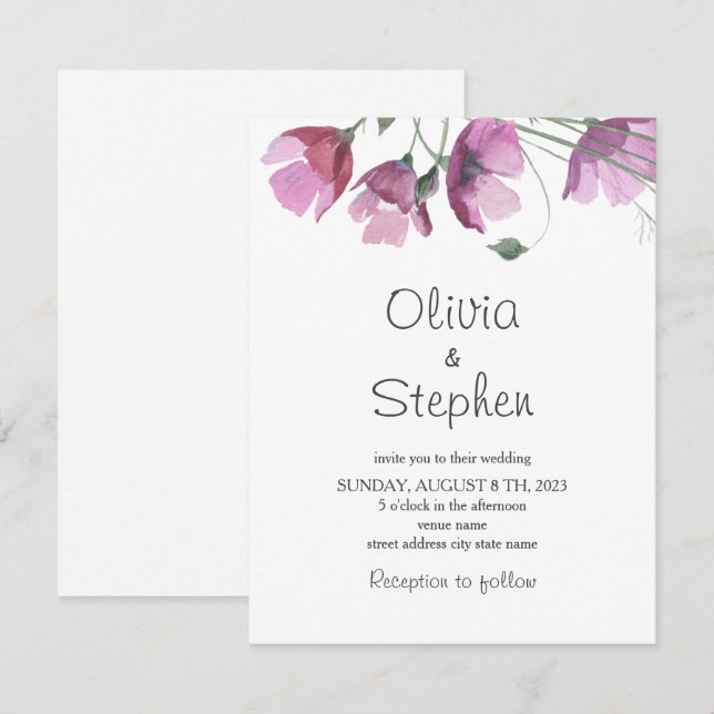 Mauve purple Flowers. Modern Rustic Wedding Invitation (Front/Back)
