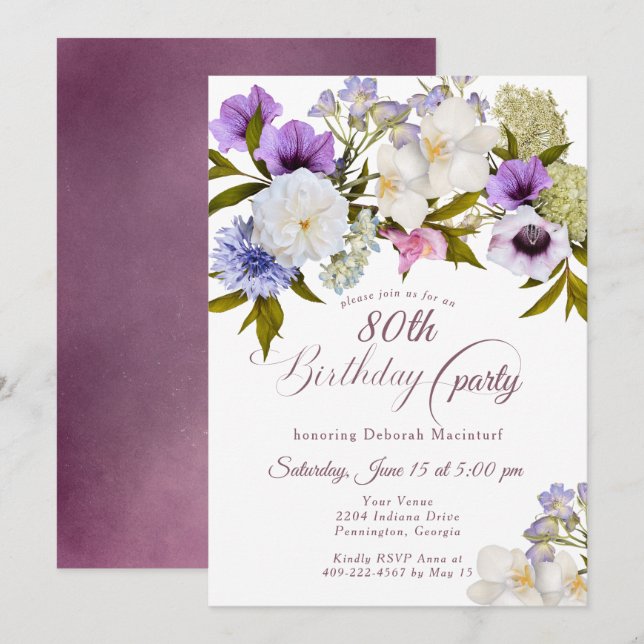 Mauve Purple Grandma's Garden 80th Invitation (Front/Back)