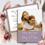 Mauve Purple Modern Photo Wedding Save The Date Announcement Postcard<br><div class="desc">Mauve Purple Fun Script Modern Photo Minimalist Wedding Save The Date Announcement Postcard. Let your family, friends and colleagues know that you have set a date for your wedding celebration with this elegant, stylish and modern wedding save the date invitation card. All the texts are pre-arranged for you to personalize...</div>