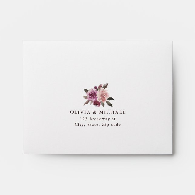 Mauve purple & mulberry floral rustic wedding RSVP Envelope (Front)