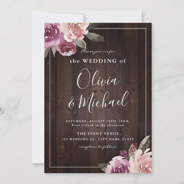 Mauve purple & mulberry floral rustic wood wedding invitation (Front)