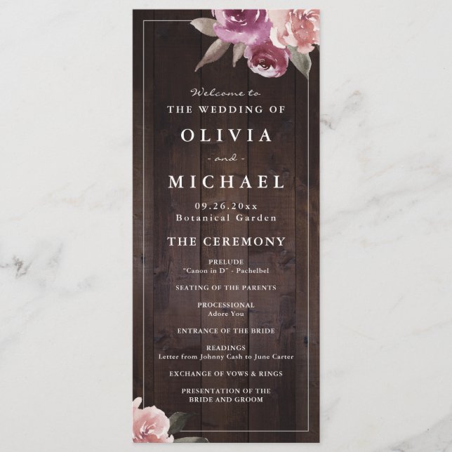 Mauve purple & mulberry floral rustic wood wedding menu (Front)