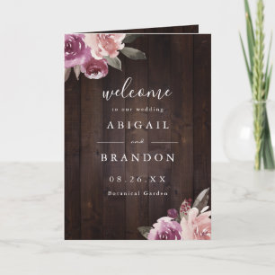 Mauve purple & mulberry floral rustic wood wedding program