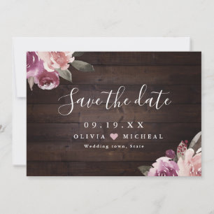 Mauve purple & mulberry floral rustic wood wedding save the date