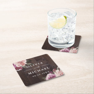 Mauve purple & mulberry floral rustic wood wedding square paper coaster