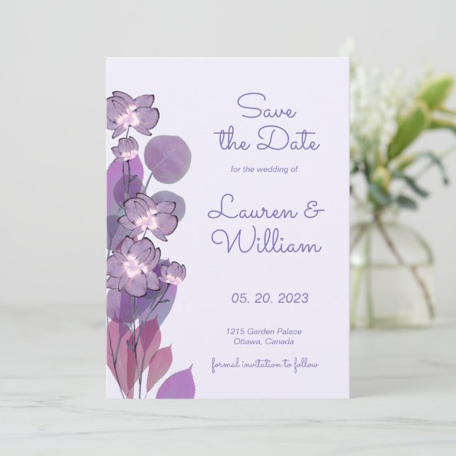  Mauve purple periwinkle floral  Save The Date (Standing Front)