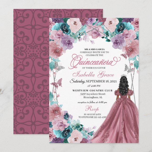 Mauve Purple Teal Pink Sunset Quinceanera  Invitation (Front/Back)