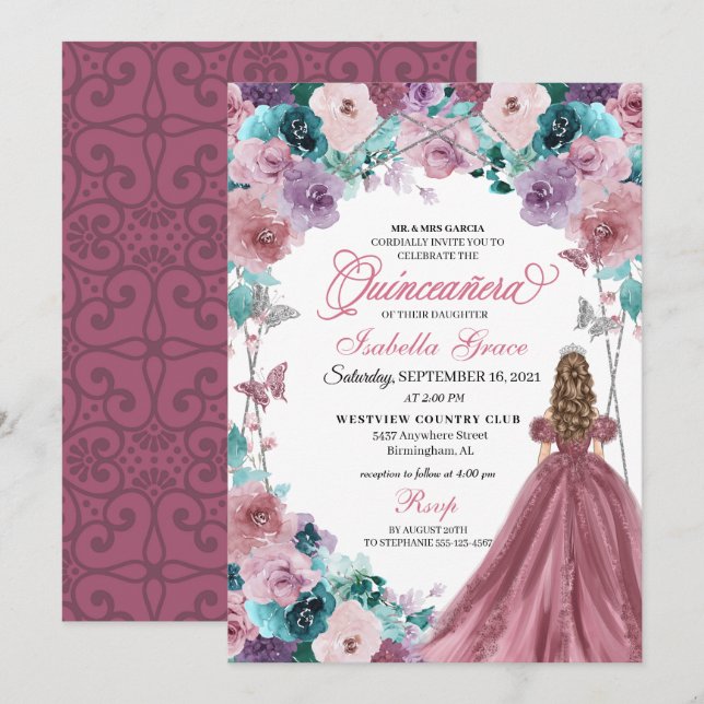Mauve Purple Teal Pink Sunset Quinceanera  Invitation (Front/Back)