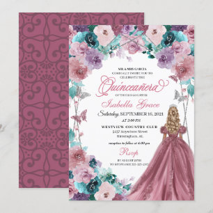 Mauve Purple Teal Pink Sunset Quinceanera  Invitation