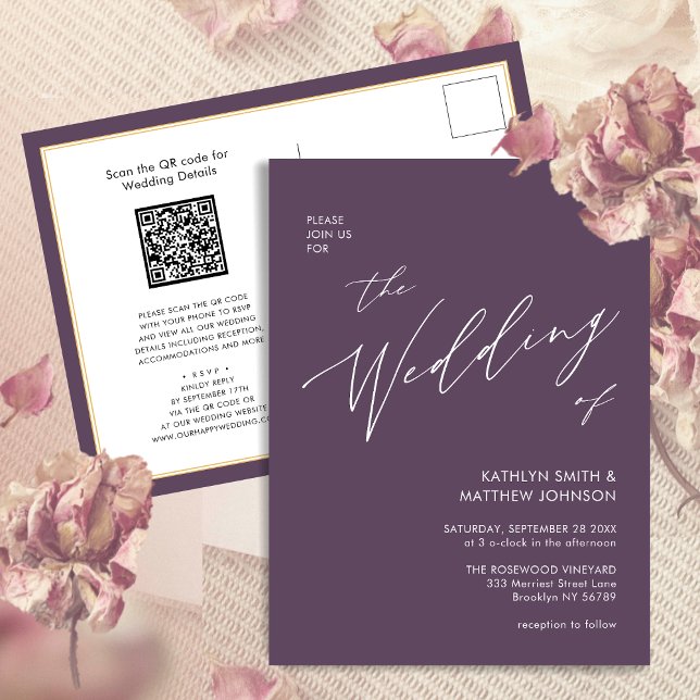 Mauve QR Code All In One Modern Script Wedding Invitation Postcard (Creator Uploaded)