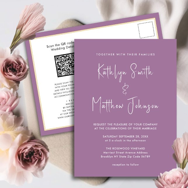 Mauve QR Code All In One Modern Script Wedding Invitation Postcard (Creator Uploaded)