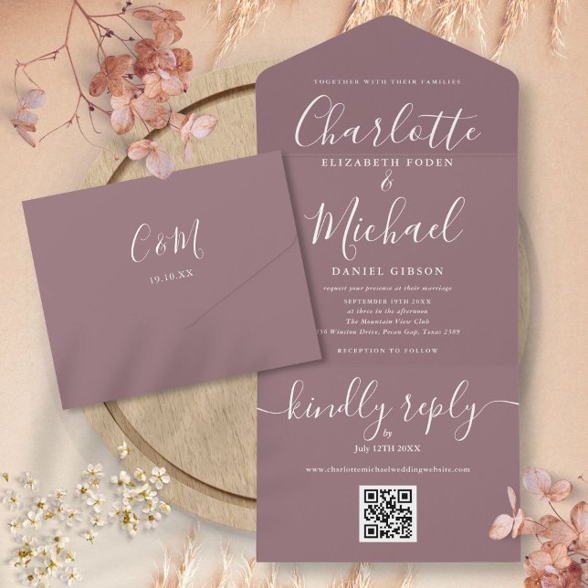 Mauve QR Code Script Minimalist Wedding All In One Invitation (Mauve QR Code Script Minimalist Wedding All In One Invitation)