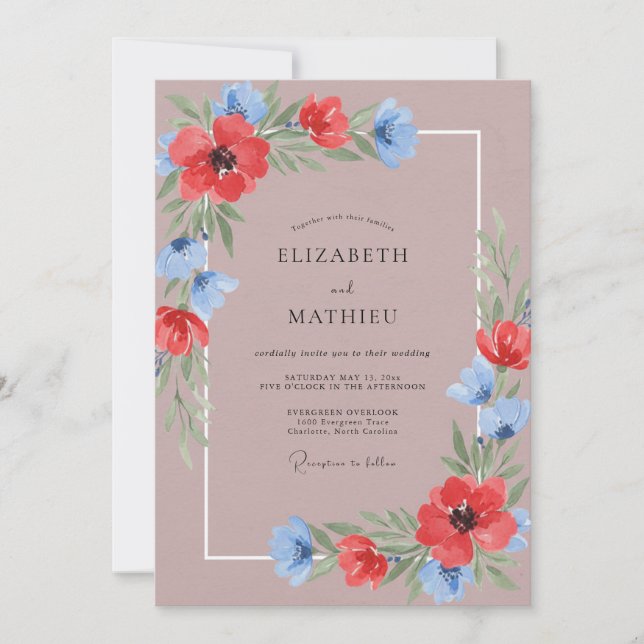 Mauve Red Wildflower Wedding Invitation (Front)
