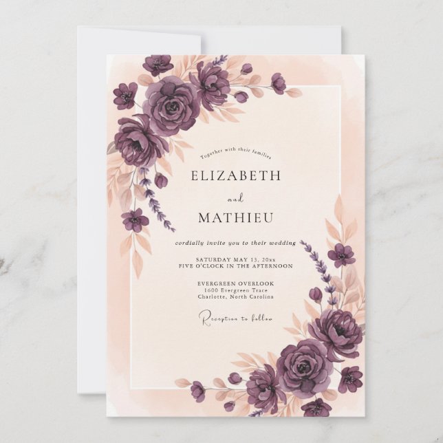 Mauve Rose Wreath Wedding Invitation (Front)