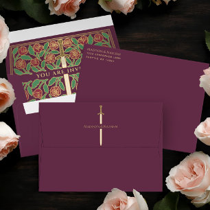 Mauve Royal Medieval Gold Floral Sword Wedding Envelope