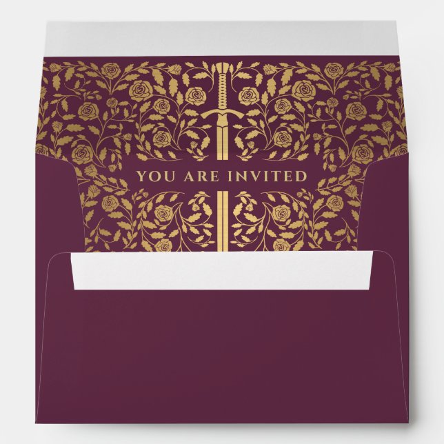 Mauve Royal Medieval Gold Sword Wedding Envelope (Back (Bottom))