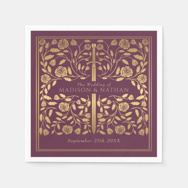 Mauve Royal Medieval Gold Sword Wedding Napkin (Front)