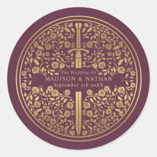 Mauve Royal Medieval Sword Wedding Classic Round Sticker