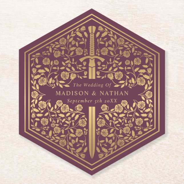 Mauve Royal Medieval Sword Wedding Paper Coaster (Front)