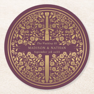 Mauve Royal Medieval Sword Wedding Round Paper Coaster