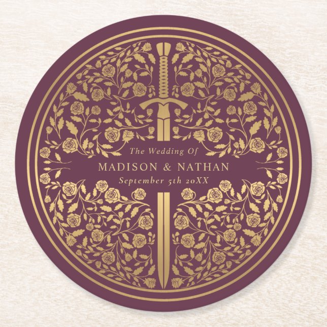 Mauve Royal Medieval Sword Wedding Round Paper Coaster (Front)