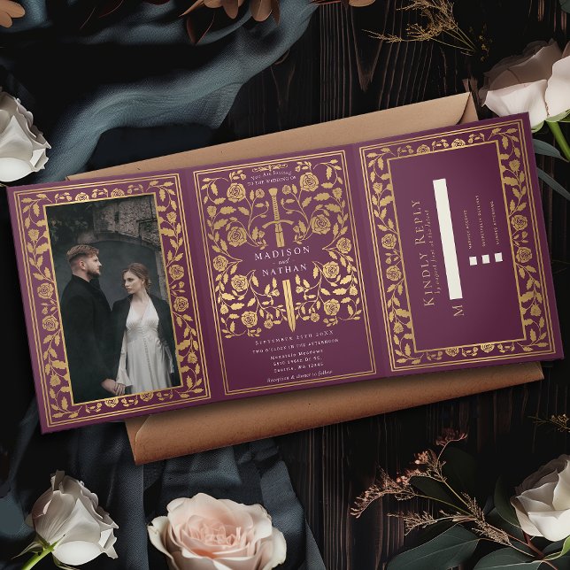 Mauve Royal Medieval Sword Wedding Tri-Fold Invitation (Creator Uploaded)