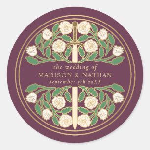 Mauve Royal Medieval White Floral Sword Wedding  Classic Round Sticker