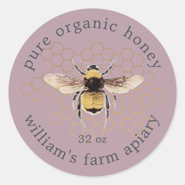 Mauve Rustic Honeybee Apiary Gold Honeycomb Classic Round Sticker (Front)