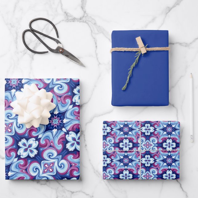 Mauve, Sapphire & Powder Blue Pattern  Wrapping Paper Sheet (Front)
