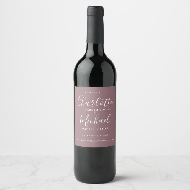 Mauve Signature Script Wedding Wine Label (Front)