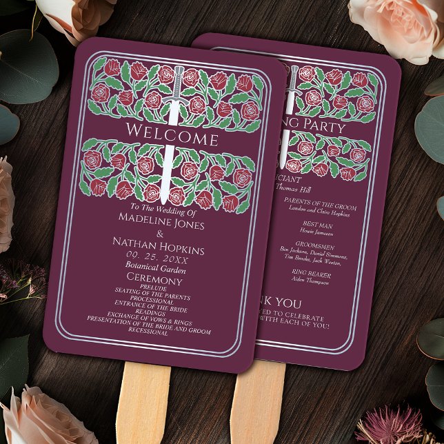 Mauve Silver Floral Sword Royal Wedding Program Hand Fan (Creator Uploaded)