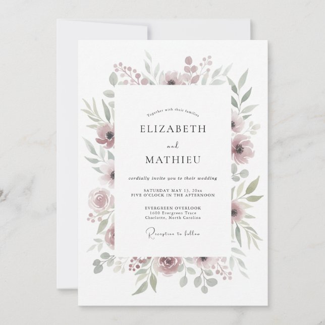Mauve Soft Botanical Romance Wedding Invitation (Front)