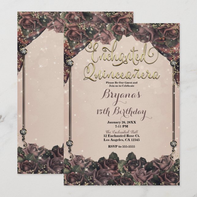 Mauve Spice Roses Sparkle 15 Quinceañera 15th   Invitation (Front/Back)