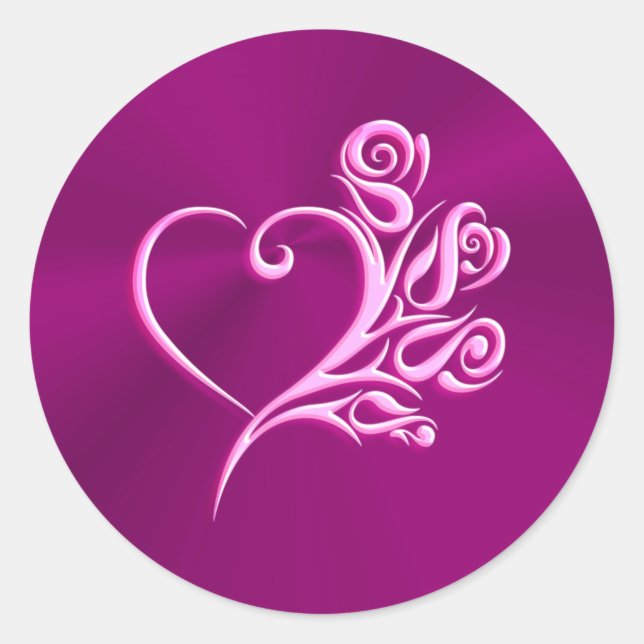 Mauve Stylized Heart and Roses, embossed-effect Classic Round Sticker (Front)