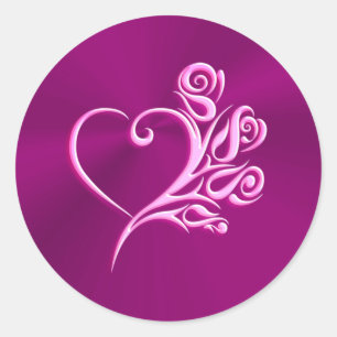 Mauve Stylized Heart and Roses, embossed-effect Classic Round Sticker