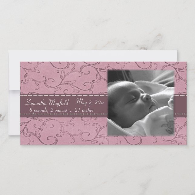 Mauve Swirl Girl Announcement Photo Card (Front)