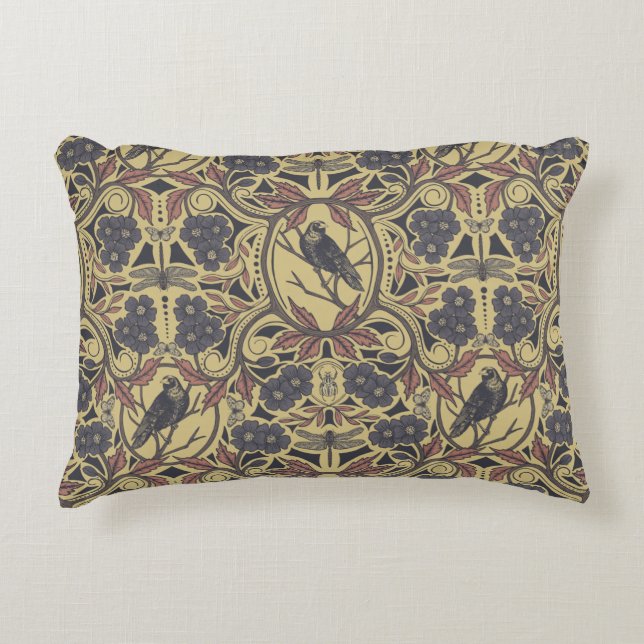 Mauve, Tan & Grey Crow & Dragonfly Floral Accent Pillow (Front)